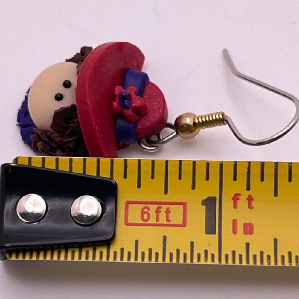 Red Hat Society Dangle Earrings Vintage Lady Head Polymer Clay - Picture 2 of 6
